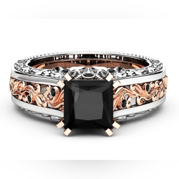 Black Stone Sterling Silver Rose Filagree Engagement Wedding Ring Size 7 - Picture 1 of 7